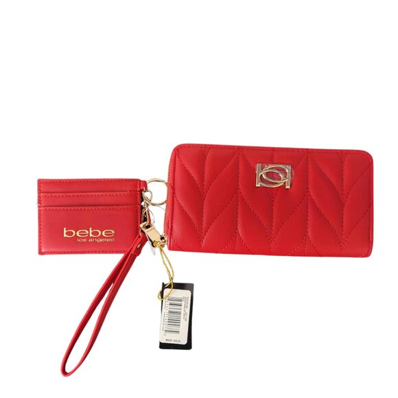 Bebe Quilted Red Zip Wallet & Card Holder Wristlet Set New - Picture 1 of 6